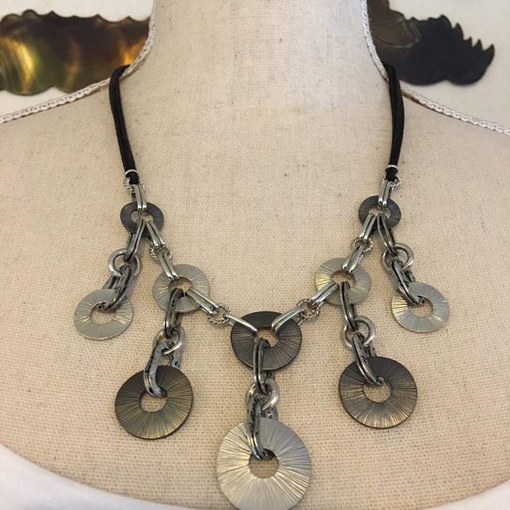 Silver tone coin button corded necklace